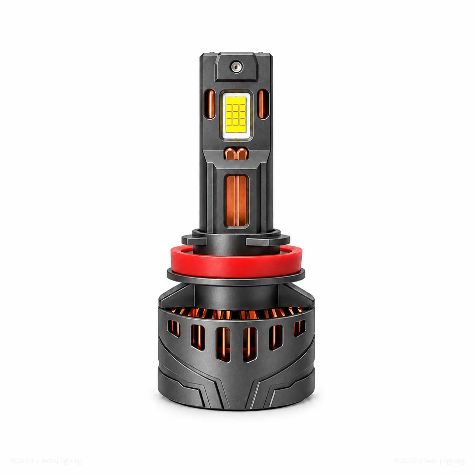 RCJLED X11 LED headlight bulb with copper heat pipes and fan housing