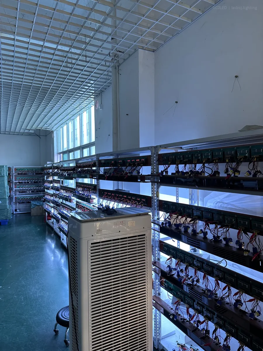 RCJLED aging test area with rows of connected automotive LED bulbs
