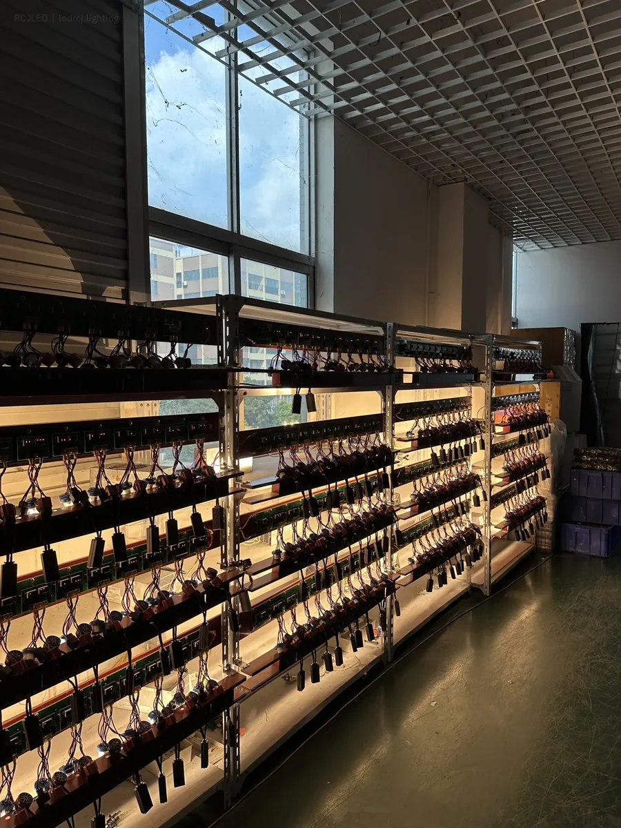 RCJLED automotive LED bulbs connected to aging test racks