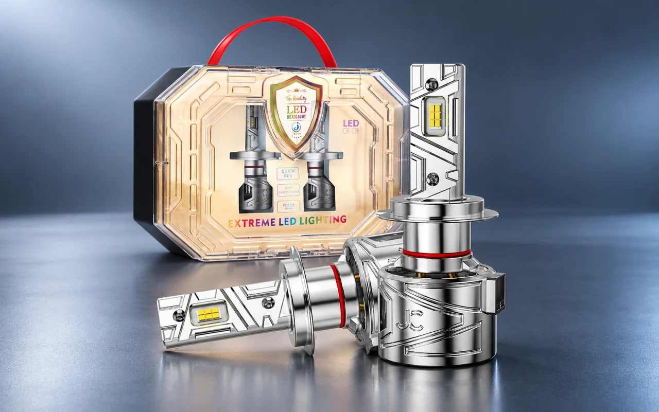 JC headlights and product packaging in a studio photograph